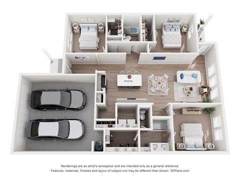 Floor plan for 3 beds, 2 baths, 1369 sqft